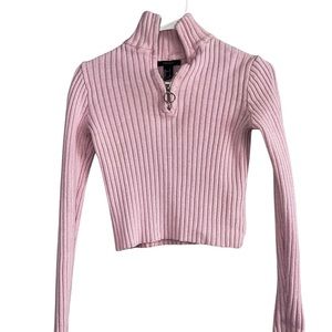 Turtleneck ribbed pink half zip sweater